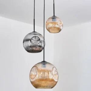 hofstein Ripoll Suspension, Boule lumineuse, Suspension, Suspension grappe Ambre, Chrome, Fumé, 3 lumières* Lampes Modernes
