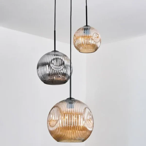 hofstein Ripoll Suspension, Boule lumineuse, Suspension, Suspension grappe Ambre, Chrome, Fumé, 3 lumières* Lampes Modernes