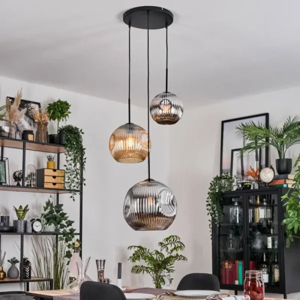 hofstein Ripoll Suspension, Boule lumineuse, Suspension, Suspension grappe Ambre, Chrome, Fumé, 3 lumières* Lampes Modernes