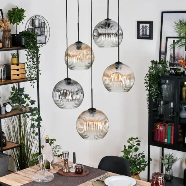 hofstein Ripoll Suspension, Boule lumineuse, Suspension grappe Ambre, Clair, Fumé, 5 lumières* Lampes Modernes