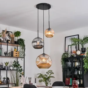 hofstein Ripoll Suspension, Boule lumineuse, Suspension, Suspension grappe Ambre, Chrome, Fumé, 3 lumières* Lampes Modernes