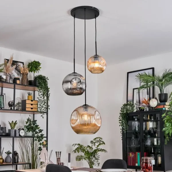 hofstein Ripoll Suspension, Boule lumineuse, Suspension, Suspension grappe Ambre, Chrome, Fumé, 3 lumières* Lampes Modernes