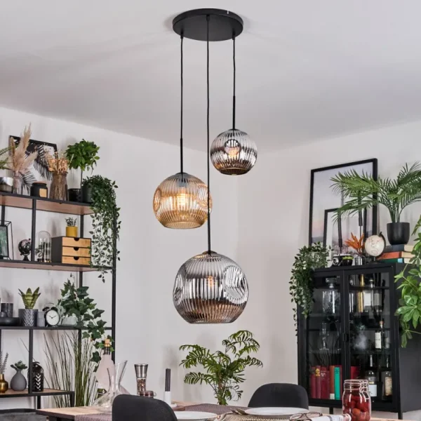 hofstein Ripoll Suspension, Boule lumineuse, Suspension, Suspension grappe Ambre, Chrome, Fumé, 3 lumières* Lampes Modernes