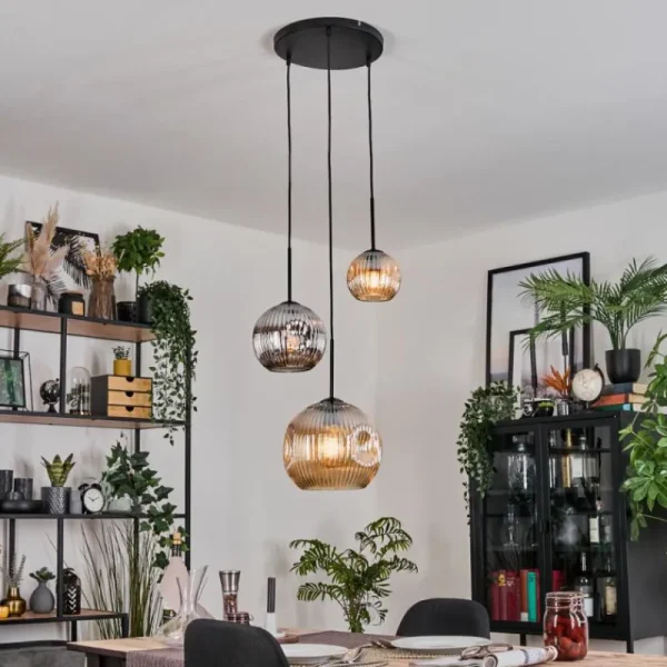 hofstein Ripoll Suspension, Boule lumineuse, Suspension, Suspension grappe Ambre, Chrome, Fumé, 3 lumières* Lampes Modernes