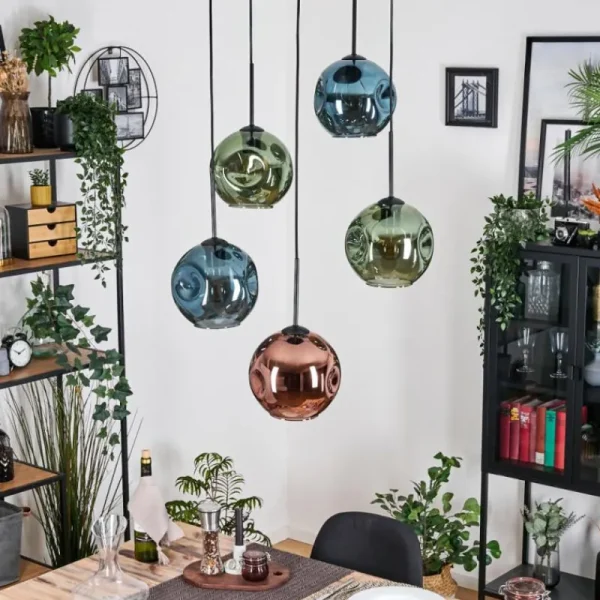 hofstein Ripoll Suspension, Boule lumineuse, Suspension grappe Bleu, Vert, Cuivré, 5 lumières* Lampes En Verre