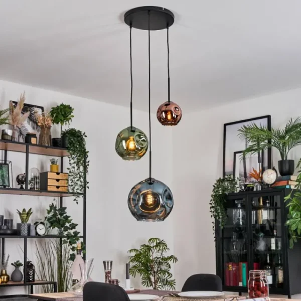 hofstein Ripoll Suspension, Boule lumineuse, Suspension grappe Bleu, Vert, Cuivré, 3 lumières* Lampes En Verre