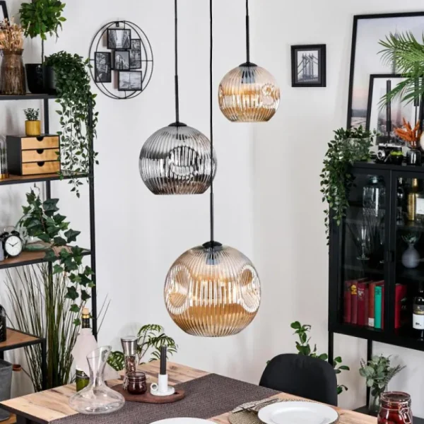 hofstein Ripoll Suspension, Boule lumineuse, Suspension, Suspension grappe Ambre, Chrome, Fumé, 3 lumières* Lampes Modernes