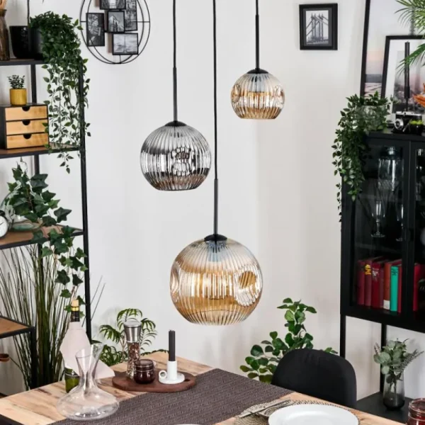 hofstein Ripoll Suspension, Boule lumineuse, Suspension, Suspension grappe Ambre, Chrome, Fumé, 3 lumières* Lampes Modernes