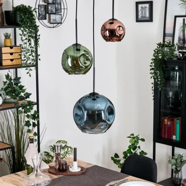 hofstein Ripoll Suspension, Boule lumineuse, Suspension grappe Bleu, Vert, Cuivré, 3 lumières* Lampes En Verre
