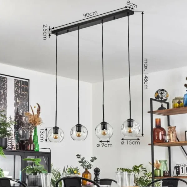 hofstein Ripoll Suspension Noir, 4 lumières* Lampes En Verre