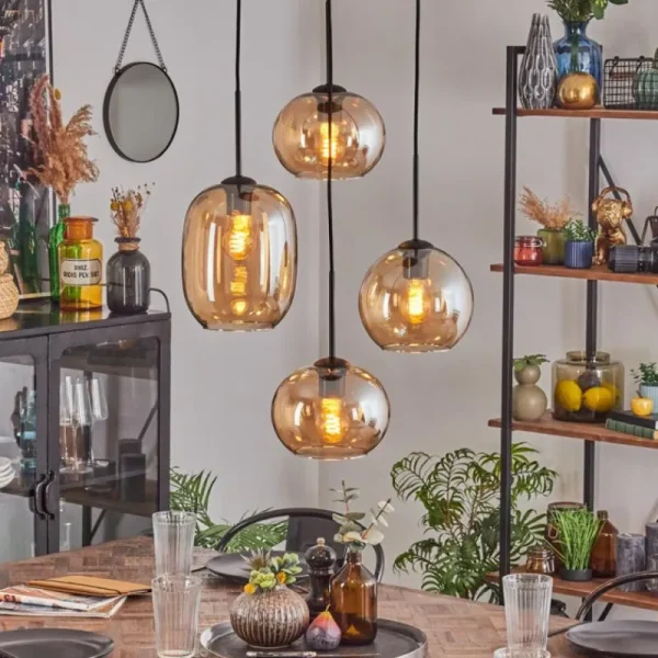 hofstein Soutinho Suspension, Boule lumineuse Ambre, 4 lumières* Lampes En Verre