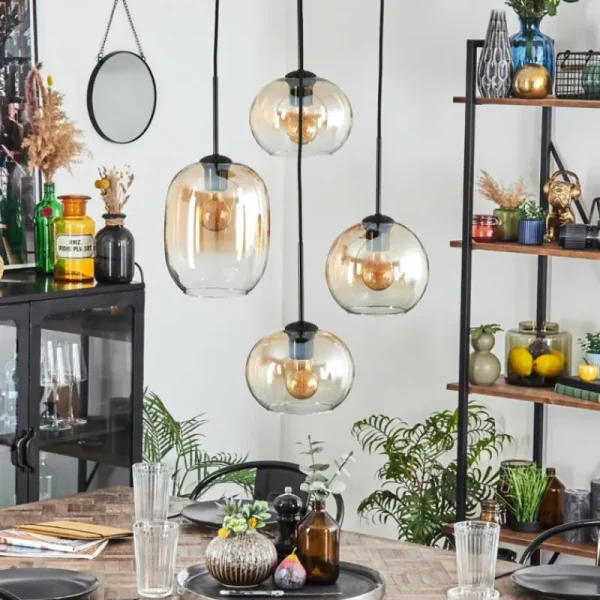 hofstein Soutinho Suspension, Boule lumineuse Ambre, Clair, 4 lumières* Lampes En Verre