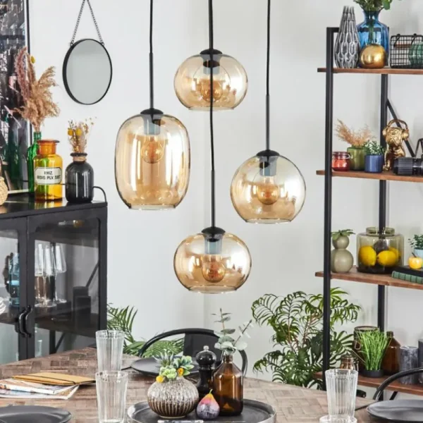 hofstein Soutinho Suspension, Boule lumineuse Ambre, 4 lumières* Lampes En Verre