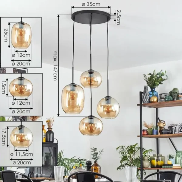hofstein Soutinho Suspension, Boule lumineuse Ambre, 4 lumières* Lampes En Verre