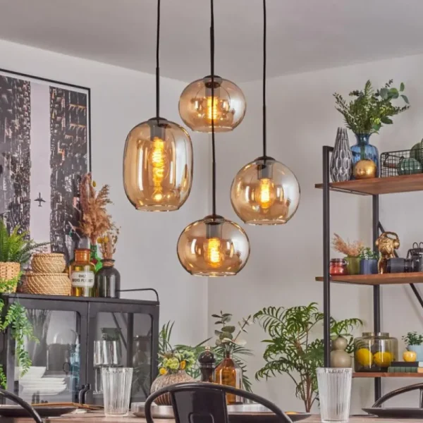 hofstein Soutinho Suspension, Boule lumineuse Ambre, 4 lumières* Lampes En Verre