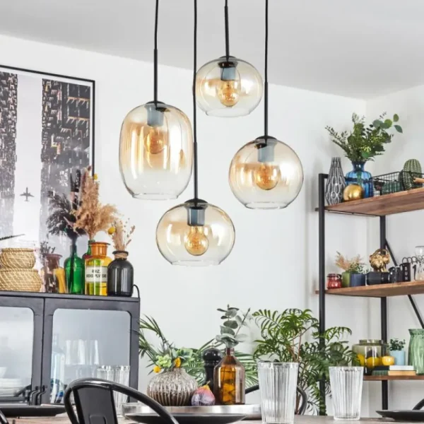 hofstein Soutinho Suspension, Boule lumineuse Ambre, Clair, 4 lumières* Lampes En Verre