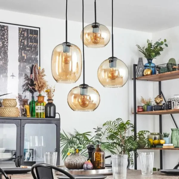 hofstein Soutinho Suspension, Boule lumineuse Ambre, 4 lumières* Lampes En Verre