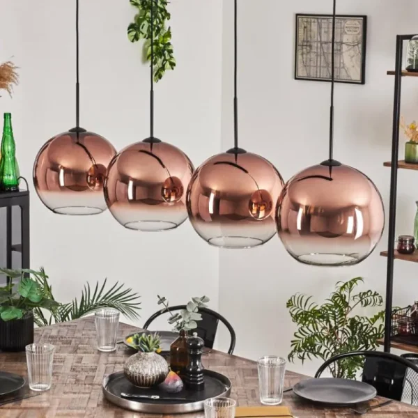 hofstein Suspension - Verre 30 cm Koyoto Clair, Cuivré, 4 lumières* Lampes En Verre