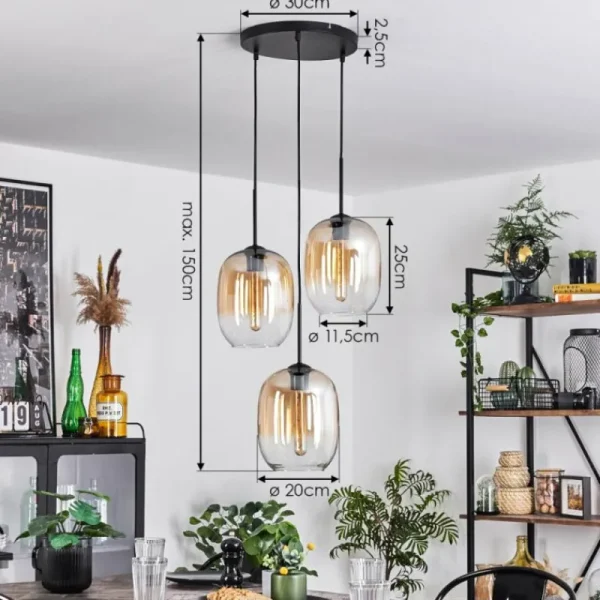 hofstein Suspension - Verre Apedo Ambre, Clair, 3 lumières* Lampes En Verre