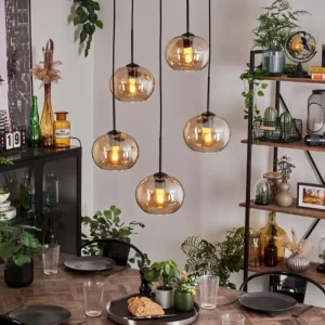 hofstein Suspension - Verre Apedo Ambre, 5 lumières* Lampes En Verre