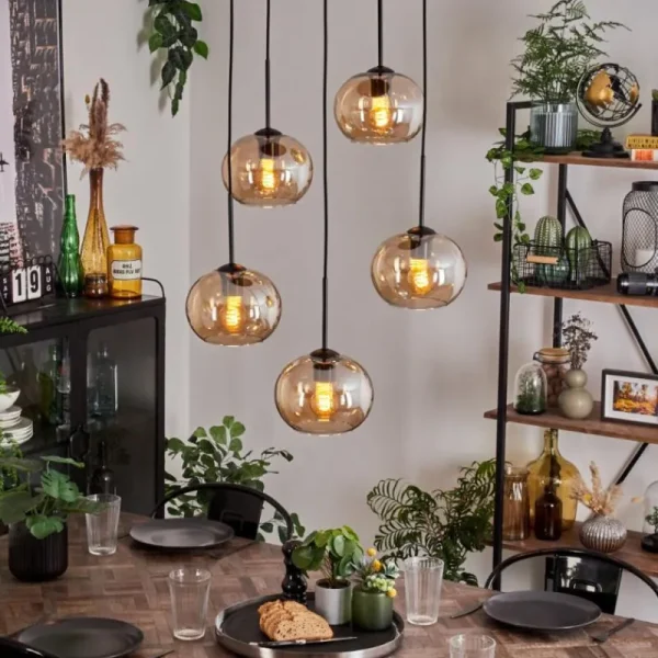 hofstein Suspension - Verre Apedo Ambre, 5 lumières* Lampes En Verre