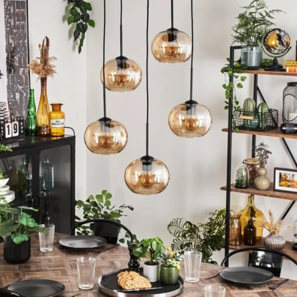 hofstein Suspension - Verre Apedo Ambre, 5 lumières* Lampes En Verre