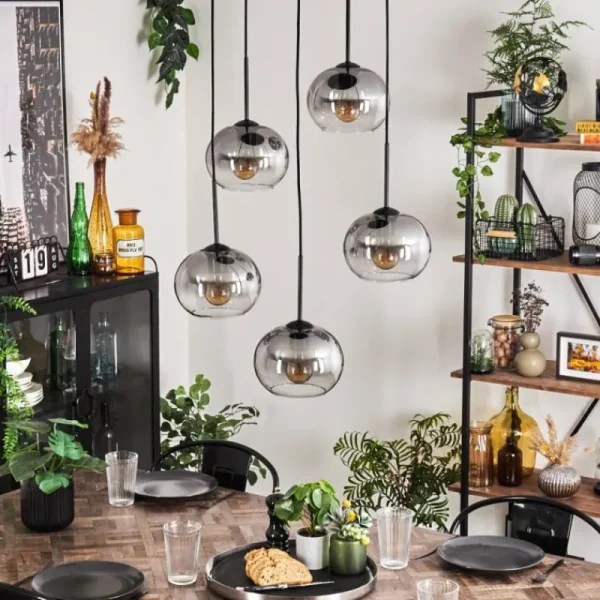 hofstein Suspension - Verre Apedo Clair, Fumé, 5 lumières* Lampes Modernes