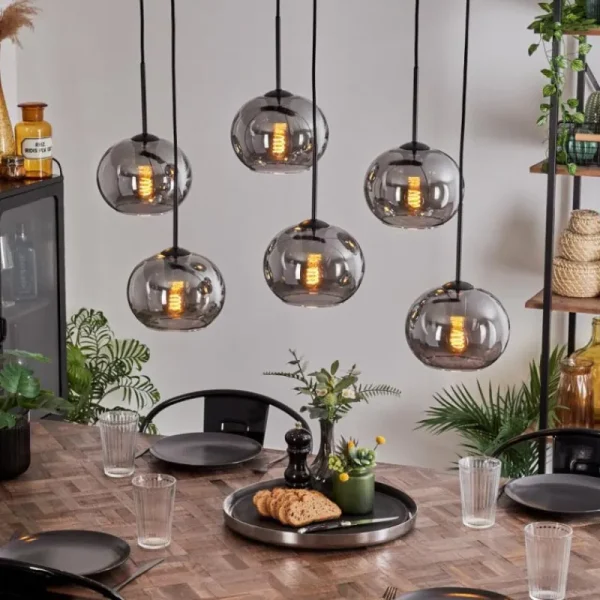 hofstein Suspension - Verre Apedo Fumé, 6 lumières* Lampes Modernes