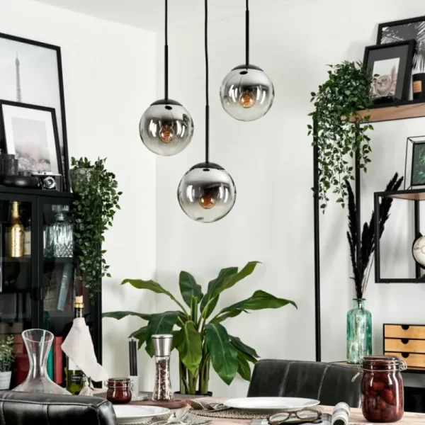 hofstein Suspension - Verre Gastor Chrome, Clair, Fumé, 3 lumières* Lampes Modernes