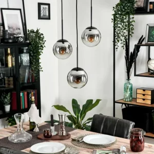 hofstein Suspension - Verre Gastor Chrome, Clair, Fumé, 3 lumières* Lampes Modernes