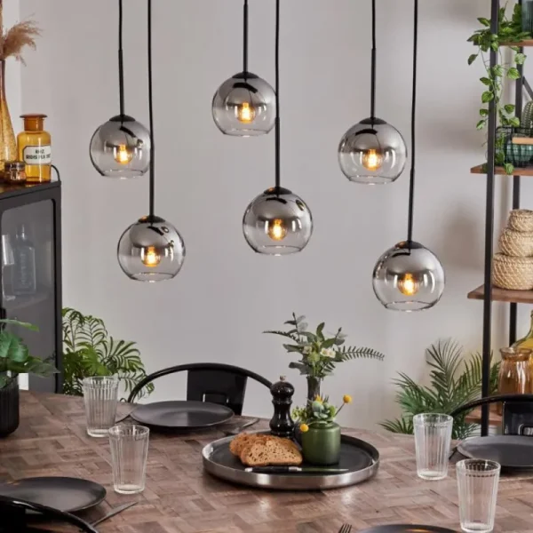 hofstein Suspension - Verre Koyoto Chrome, Clair, Fumé, 6 lumières* Lampes Modernes