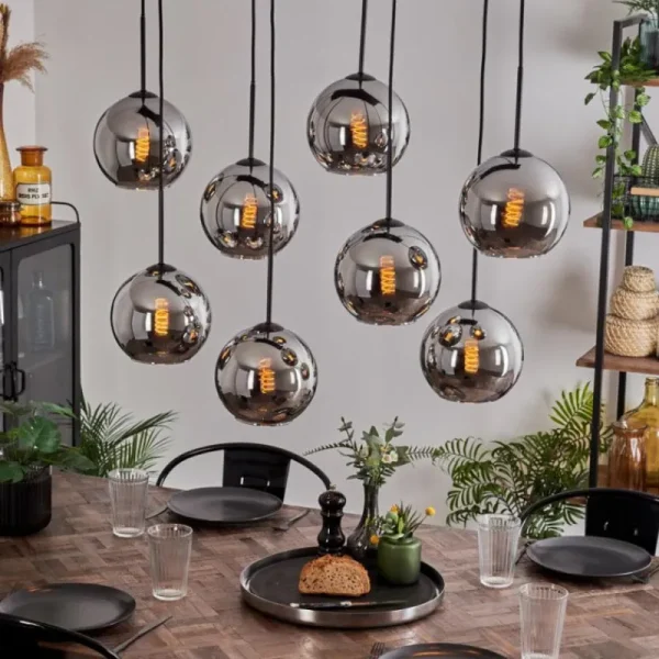 hofstein Suspension - Verre Koyoto Chrome, Fumé, 8 lumières* Lampes Modernes