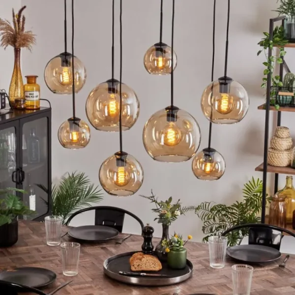 hofstein Suspension - Verre Koyoto Ambre, Clair, 8 lumières* Lampes En Verre