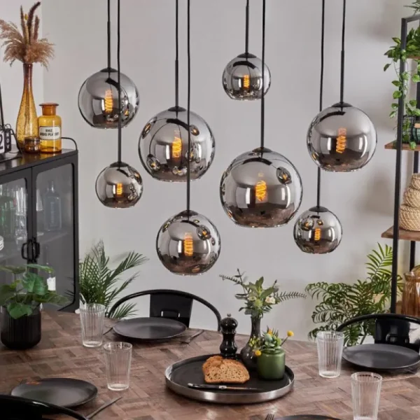 hofstein Suspension - Verre Koyoto Chrome, Fumé, 8 lumières* Lampes Modernes