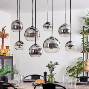 hofstein Suspension - Verre Koyoto Chrome, Clair, Fumé, 8 lumières* Lampes Modernes