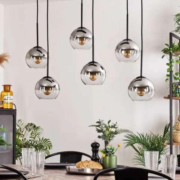 hofstein Suspension - Verre Koyoto Chrome, Clair, Fumé, 6 lumières* Lampes Modernes