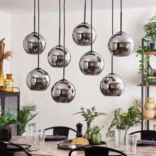 hofstein Suspension - Verre Koyoto Chrome, Fumé, 8 lumières* Lampes Modernes
