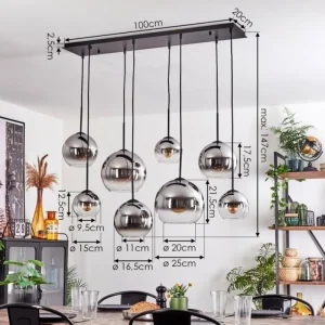 hofstein Suspension - Verre Koyoto Chrome, Clair, Fumé, 8 lumières* Lampes Modernes