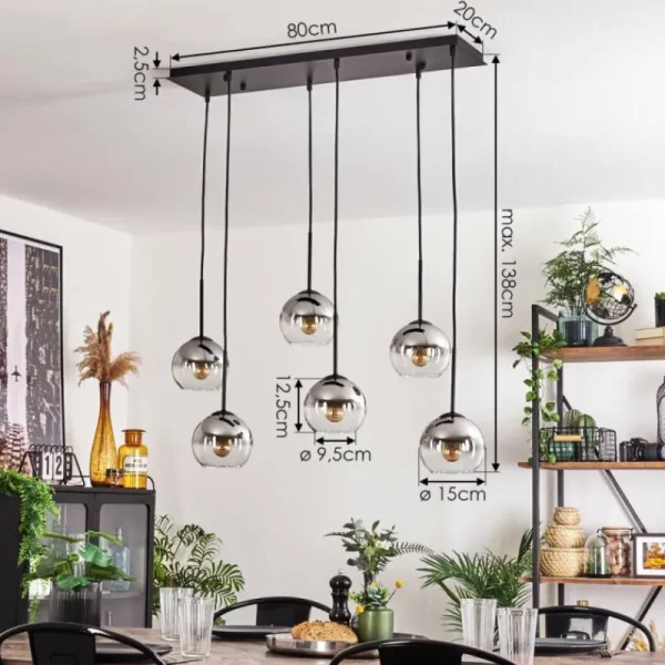 hofstein Suspension - Verre Koyoto Chrome, Clair, Fumé, 6 lumières* Lampes Modernes
