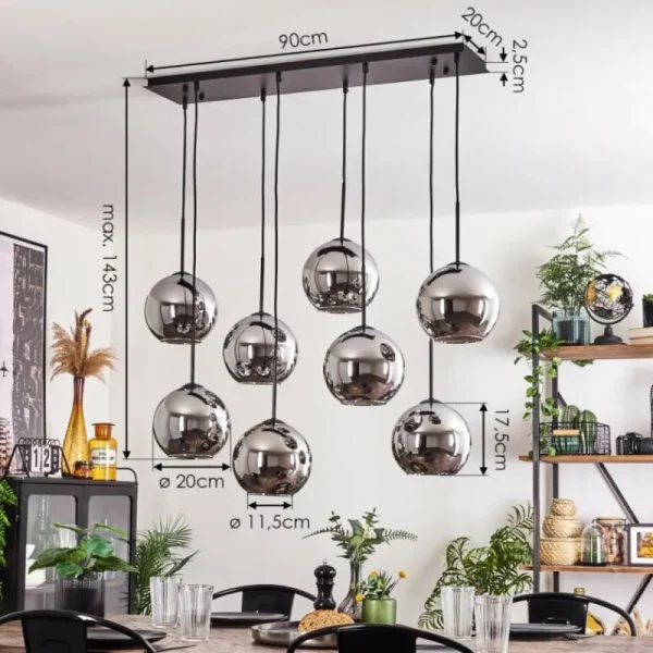 hofstein Suspension - Verre Koyoto Chrome, Fumé, 8 lumières* Lampes Modernes