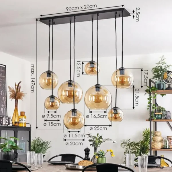 hofstein Suspension - Verre Koyoto Ambre, Clair, 8 lumières* Lampes En Verre