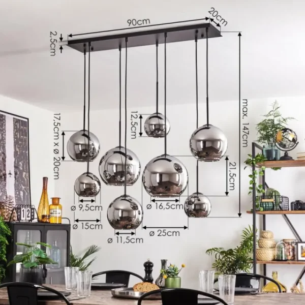 hofstein Suspension - Verre Koyoto Chrome, Fumé, 8 lumières* Lampes Modernes