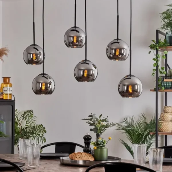 hofstein Suspension - Verre Koyoto Chrome, Fumé, 6 lumières* Lampes Modernes