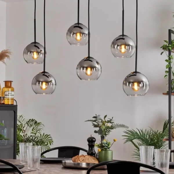hofstein Suspension - Verre Koyoto Chrome, Clair, Fumé, 6 lumières* Lampes Modernes