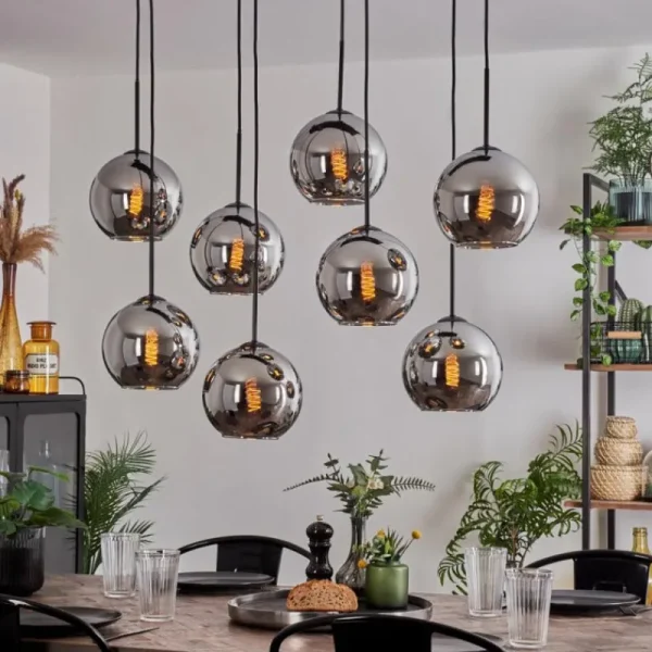 hofstein Suspension - Verre Koyoto Chrome, Fumé, 8 lumières* Lampes Modernes
