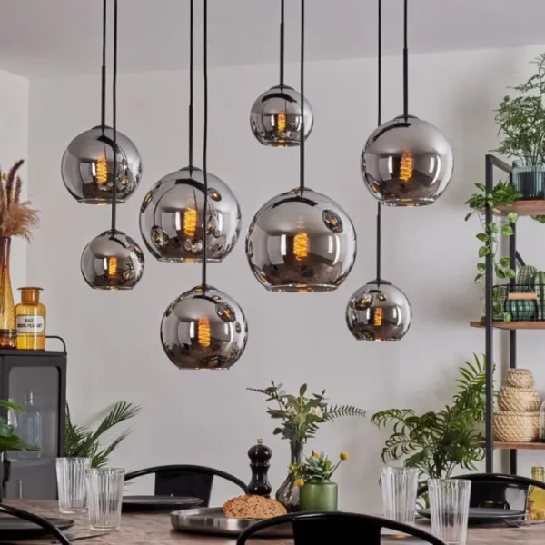 hofstein Suspension - Verre Koyoto Chrome, Fumé, 8 lumières* Lampes Modernes