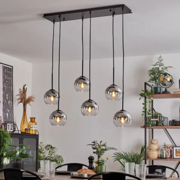 hofstein Suspension - Verre Koyoto Chrome, Clair, Fumé, 6 lumières* Lampes Modernes