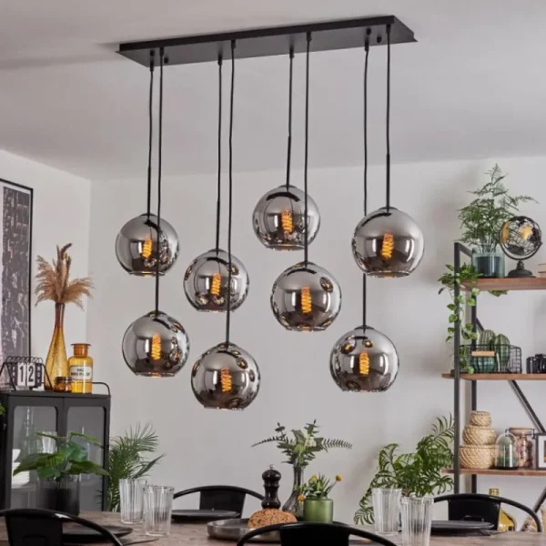 hofstein Suspension - Verre Koyoto Chrome, Fumé, 8 lumières* Lampes Modernes