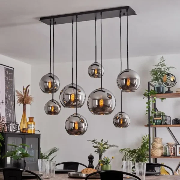 hofstein Suspension - Verre Koyoto Chrome, Fumé, 8 lumières* Lampes Modernes