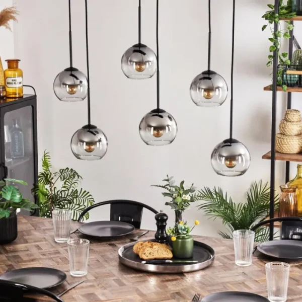 hofstein Suspension - Verre Koyoto Clair, Fumé, 6 lumières* Lampes Modernes